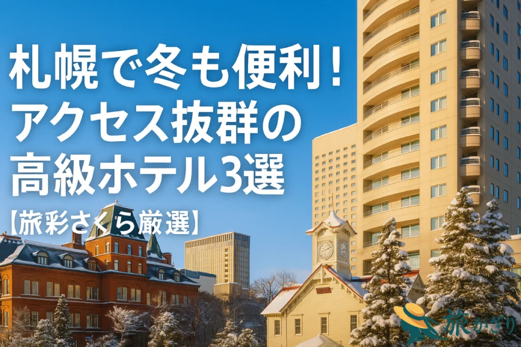 札幌で冬の旅行に便利なアクセス抜群の高級ホテルを紹介するアイキャッチ画像。家族がホテルロビーで冬の光に包まれている様子と、窓の外に見える雪景色が描かれている。