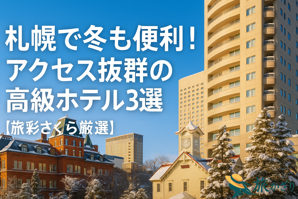 札幌で冬の旅行に便利なアクセス抜群の高級ホテルを紹介するアイキャッチ画像。家族がホテルロビーで冬の光に包まれている様子と、窓の外に見える雪景色が描かれている。