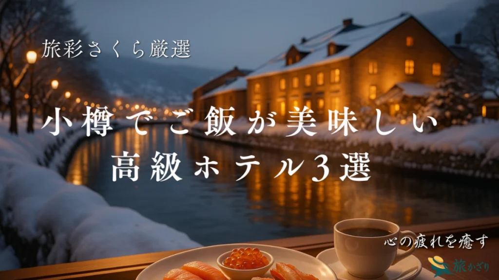 冬の小樽運河と海鮮朝食を背景にした「小樽でご飯が美味しい高級ホテル3選」のアイキャッチ画像