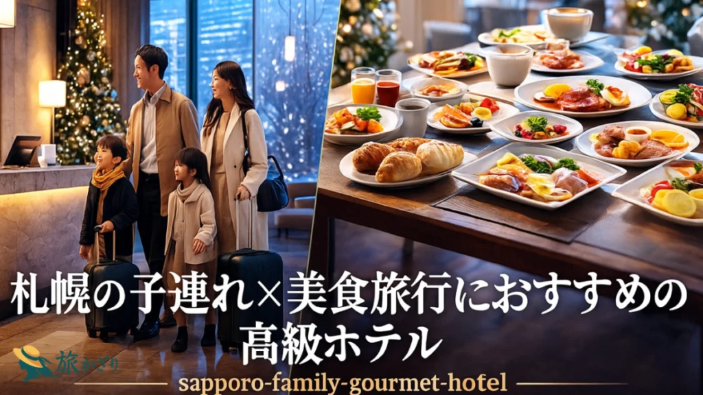 札幌の子連れ旅行×美食旅におすすめの高級ホテルを紹介するアイキャッチ画像（家族でホテルに到着する様子と豪華な朝食）