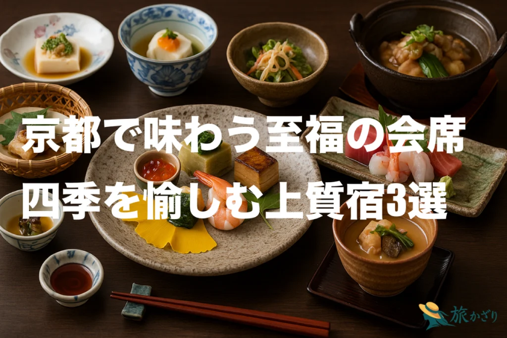 京都の上質宿で味わう会席料理のイメージ。旬の食材を使った美しい盛り付けの和食と落ち着いた和のテーブルセットの写真。