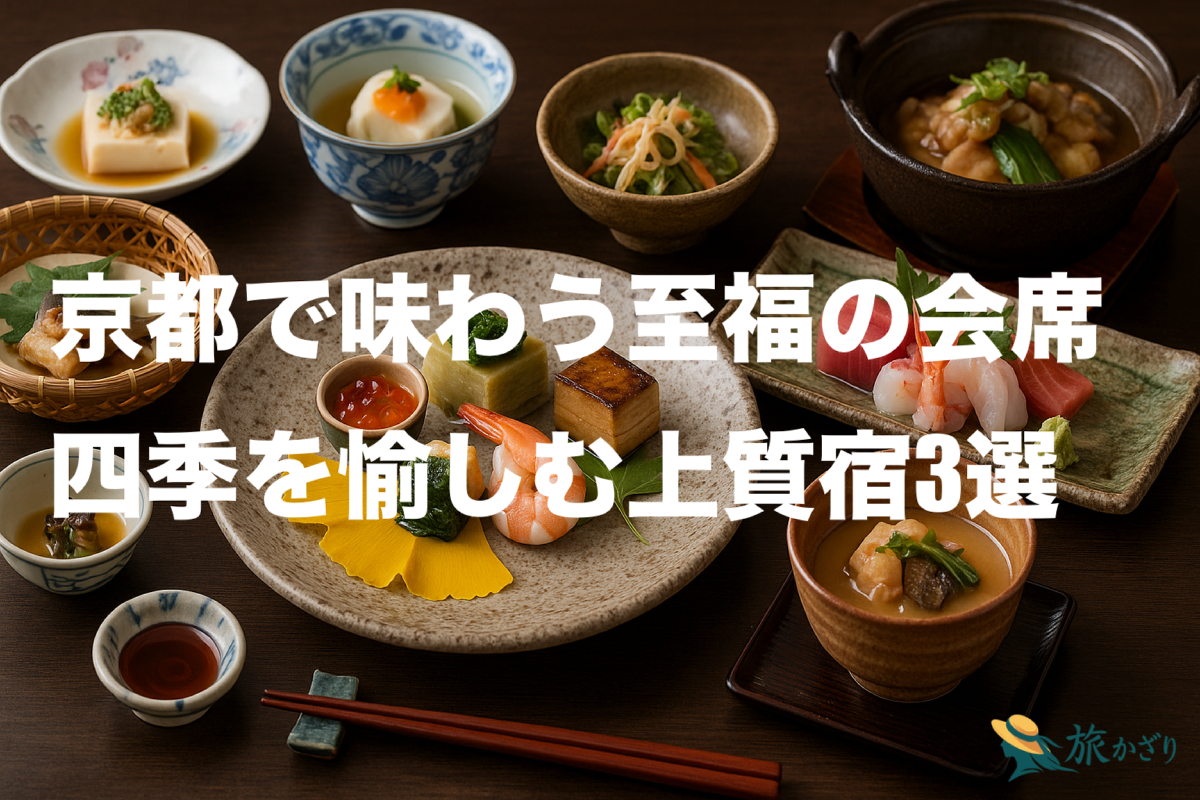 京都の上質宿で味わう会席料理のイメージ。旬の食材を使った美しい盛り付けの和食と落ち着いた和のテーブルセットの写真。