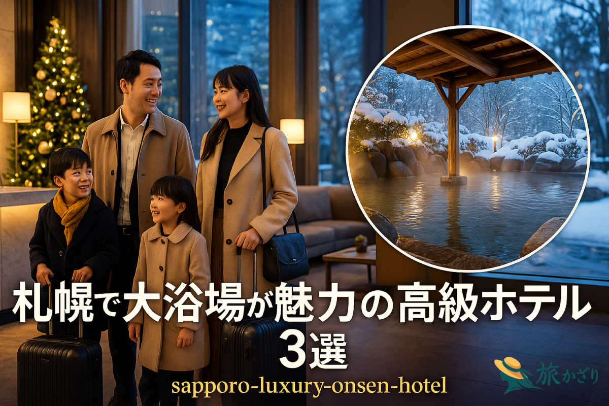 冬の札幌で家族がホテルにチェックインする様子と、大浴場を思わせる温かい雰囲気を表現した高級ホテルのイメージ画像