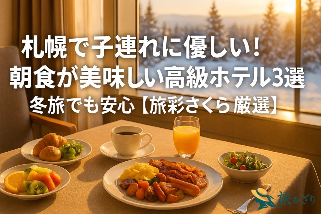 雪景色の札幌の街並みを眺めながら、高層ホテルのダイニングで楽しむ朝食ビュッフェのイメージ写真