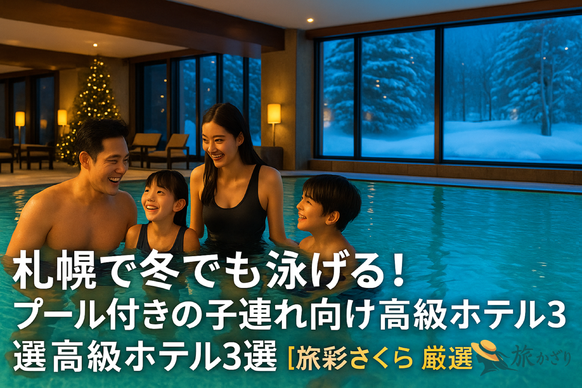 冬の札幌で家族が室内プールを楽しむラグジュアリーホテルの様子。大浴場と温水プールが魅力の子連れ向け高級ホテルのイメージ写真。