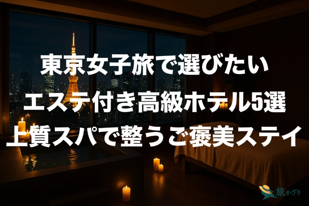 東京の夜景を望むラグジュアリーホテルのスパルーム。キャンドルが灯る温かい雰囲気の空間に広がる都会の絶景。