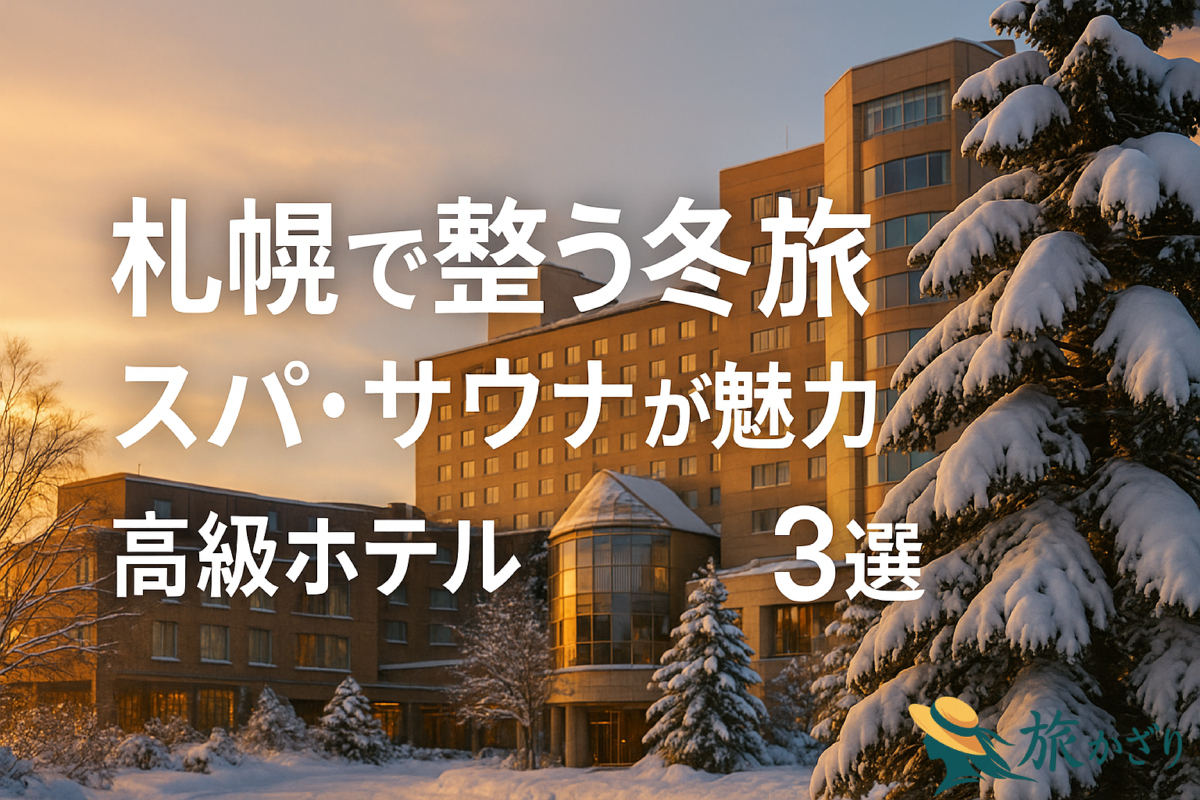 札幌で冬の旅行に便利な高級ホテル3選を紹介するアイキャッチ画像。夜景とホテル外観、スパやラグジュアリーな朝食風景を組み合わせたデザインで、旅彩さくら厳選イメージ。