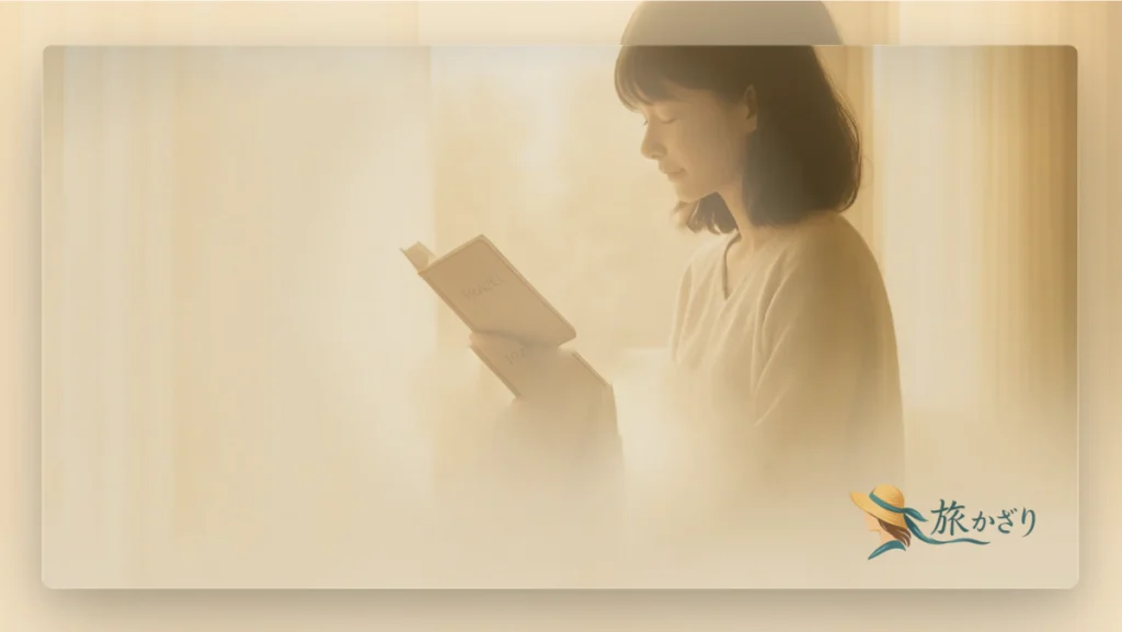 上質な旅をイメージした女性のシルエット。窓際で旅ノートを開く姿が印象的な「旅かざり.jp」トップページ用イメージ。