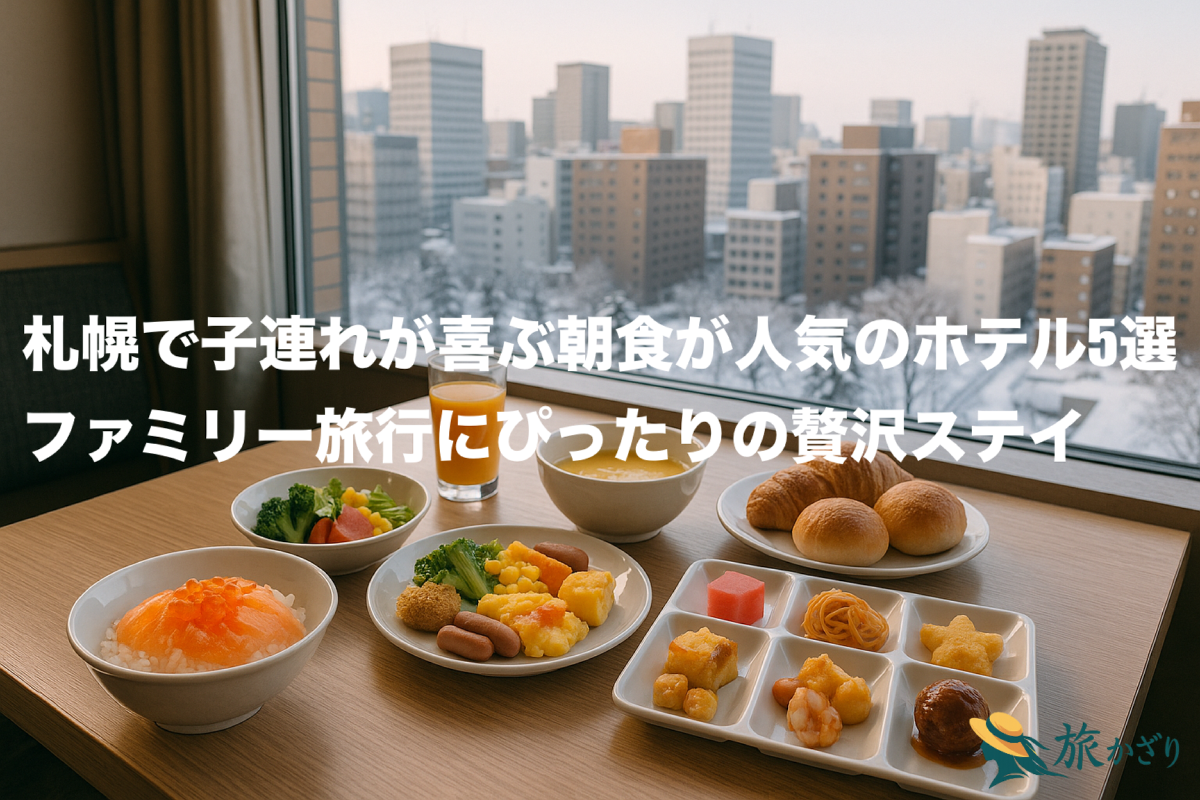 冬の札幌の雪景色を背景に、海鮮丼やパンが並ぶホテルの朝食ビュッフェテーブル